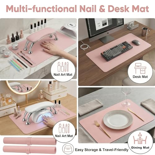 2 PCS Nail Art Table Mat, Soft Microfiber PU Leather Nail Pad, Foldable Nail Art Rest Pad, Reusable Nail Mat for Table Desk, Acrylic Nail Desk Mat for Nail Cushion (Pink and Pink) - color: Pink and Pink