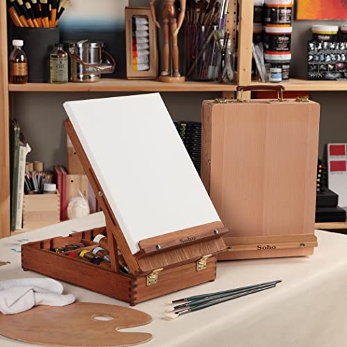 Soho Urban Artist Sketch Box and Table Easel - Portable, Multi Media, Adjustable Angle with Storage Compartments - Oiled Beech Wood