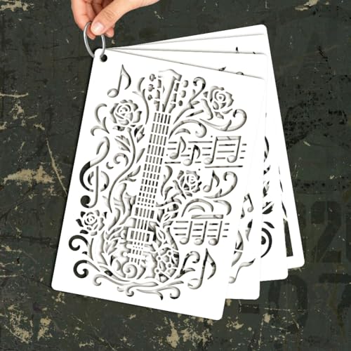 6 Sheets Texture Guitar Stencils for Painting, 6 Styles Musical Instruments Musical Note Wall Stencil Template Reusable Musical Theam Stencils for Painting on Wall Wood Home Decor - style: Guitar