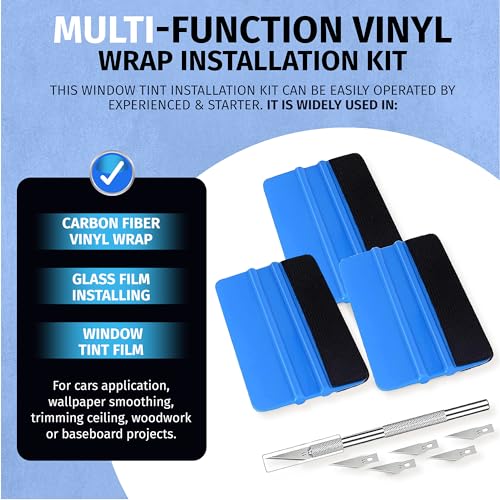 Durable Black Felt Edge Vinyl Squeegee Tool 4-Inch & Craft Knife (3-Pack) | Car Vinyl Film Wrapping Decal Window Tint Work, Professional Scratch Free Squeegee - color: Blue-2