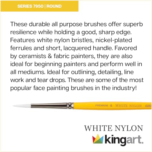KINGART Premium White Nylon 7950-4 Gold Grip Round Artist Brushes, Synthetic Nylon Hair, Acrylic & All Media, Face Painting, Body Art, Fabric, Ceramics, Glass, Wood etc. Size 4 - size: 4