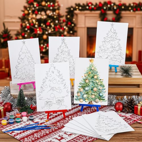Blosssound 10 Set Pre Printed Canvas Pre Drawn Canvas Painting with Easel Kits 5" x 7" Outline Painting Panels for Beginners, DIY Craft Project, Party Favor, Home Decors (Christmas Tree) - style: Christmas Tree