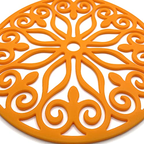 3 Set Silicone Trivet Mats With 1 Extra Large Included | Intricately Carved Insulated Flexible Durable Non Slip Thick Round Premium Trivets for Hot pots and pans | Orange - color: Orange