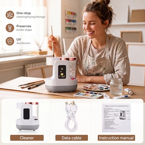 Electric Paint Brush Cleaner, Portable Paint Brush Washer with Air Dry Rack, Reusable Cleaning Container for Acrylic, Watercolor, Oil Painting, Artists, Classroom, Studio
