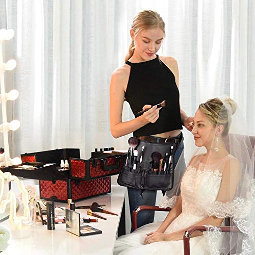 BYOOTIQUE 2in1 Multi Brush Holder Waist Zipper Bag Professional Portable Foldable Cosmetic Makeup Pouch with Belt Strap Artist Storage Organizer - color: Black 2in1