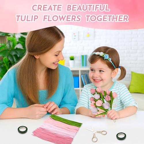 Upgraded 2026 Pipe Cleaners Craft Kit: 400-Piece DIY Flower Making Supplies with Exclusive Color Palette | Includes Chenille Stems, Floral Wire, Gardening Tape, Stamen & Ribbon for Kids Arts & Crafts - color: pink