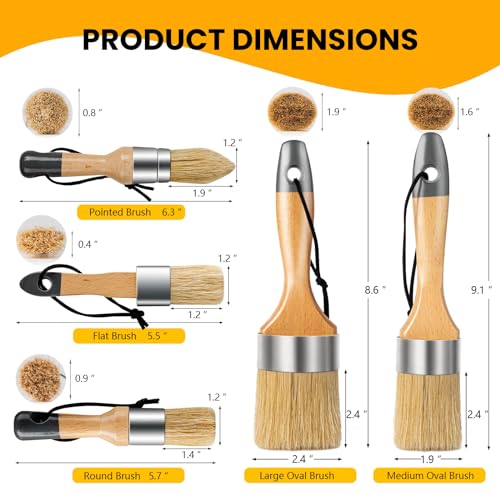 Chalk Paint Brush, Wax Paint Brush Set of 5, Wax Brushes and Chalk Paint for Furniture DIY Art Crafts, Natural Bristle Round Oval Brush for All Painting and Waxing - size: 1 Large + 1 Medium + 3 Small, 5 Pack