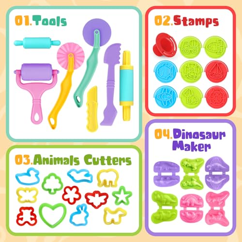 Dough Tools Set, 34 Pcs Dough and Clay Accessories with Stamp, Cutters, Dino Maker, Animals Molds, Rolling Pins, Modeling Clay Play Tools Kit for Boys Girls