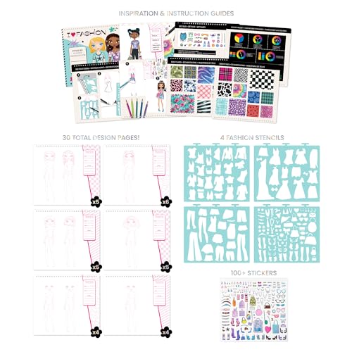 Fashion Angels Fashion Design Sketch Portfolio, Includes 40 Sketch Sheets, 4 Stencil Sheets & Stickers, Fashion Sketch Pad for Beginners & Kids Ages 6+ - color: Fashion Design
