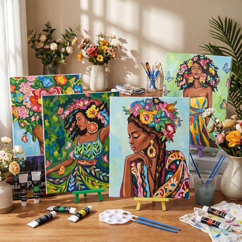 Sherr 108 Pcs 12 Set Pre Drawn Canvas Painting Kit 8'' x 10'' Sip and Paint Kit for Adults Pre Printed Canvas DIY Supplies for Birthday Adults Date Night Team Building (Floral Girl) - style: Floral Girl