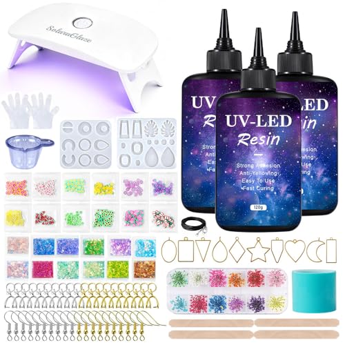 SolaraGlaze UV Resin Jewelry Making Kit with UV Lamp and Casting Tools 360g Crystal Clear&Low Odor DIY Jewelry Making Resin Kits, Resin Starter Kit for Keychain, Hair Clip and Earring