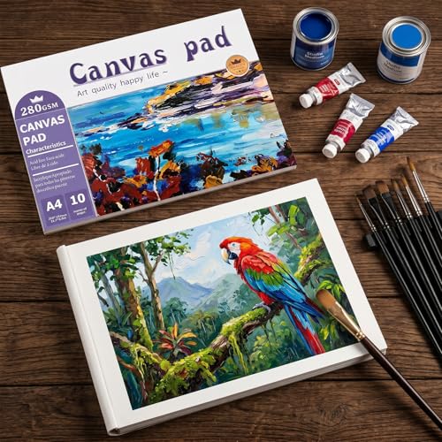 A4 Canvas Paper Pad for Acrylic Painting, 280GSM Heavyweight Canvas Notebook 10 Sheets, Acrylic Paper Painting Book for Oil Paint, Gouache and Mixed Media, Bound Canvas Pad for Artists and Beginners