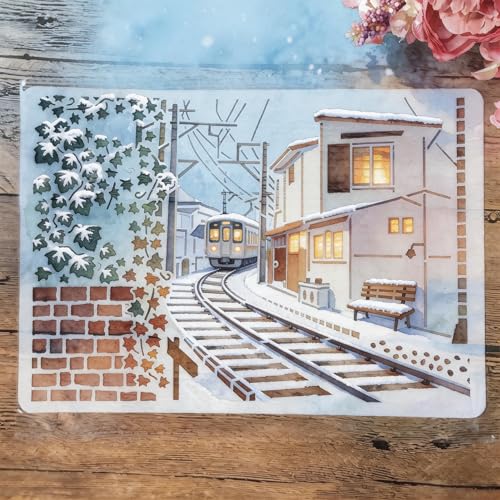 TIAMECH A4 Reusable Railway Train Stencil for Painting | Town House Layering Template, DIY Wall Art, Wood Furniture, Scrapbook & Crafts (8.3x11.7inch) - style: Railway Train