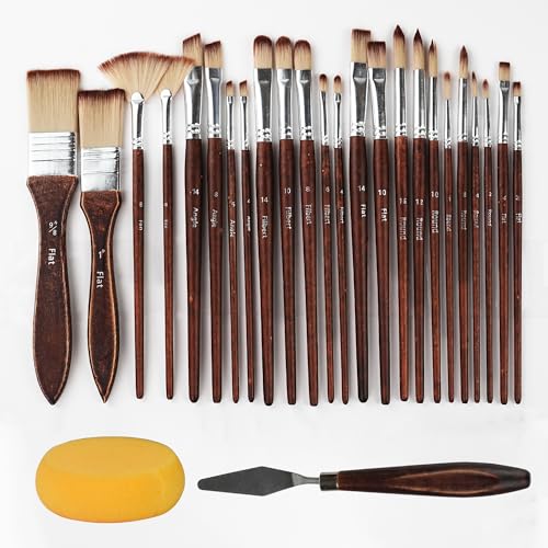 27pcs Paint Brush Set, Acrylic Paint Brushes, Paint Brushes with Filbert, Flat, Angle, Fan, Round, Scraper+Palette, Acrylic Brush for Watercolor, Acrylic Canvas Paintings