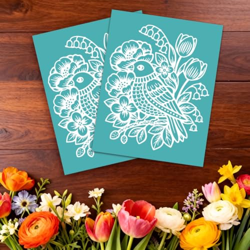 2 Pcs Flower Silk Screen Stencil, Bird Floral Self-Adhesive Reusable Silk Screen Printing Stencils Templates for Painting on Wood, T-Shirts, Bags, Home Decor & Festival Crafts - style: Bird with Flower