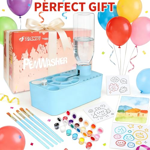Paint Brush Cleaner Tool,Painting Running Water Circulation Art Supplies,with Brushes,Colors Paint,Watercolor Paper,Paint Station Creative Gift for Kids Girls Adult Artist Beginners,Blue