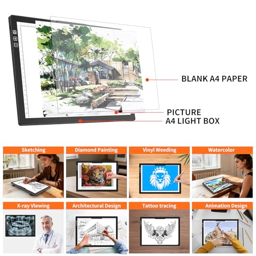 HIUKCOLED Rechargeable A4 Light Pad, Battery Powered Light Board with Carry Bag, Built-in Top Clip&Stand, Stepless Dimmable&6-Level Brightness Adjustable, Wireless LED Tracing Box for Weeing Vinyl - style: A4 Clip with Bag