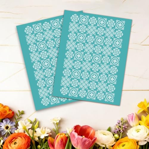 2 Sheets Tile Pattern Silk Screen Stencil, Damask Floral Self-Adhesive Silk Screen Printing Stencils Reusable Mesh Stencil for Painting on Wall, Wood, T-Shirt, Home Craft Decor - style: Tile Pattern