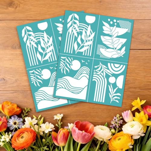 2 Sheets Botanical Silk Screen Stencil, Plant Mountian Moon Self-Adhesive Silk Screen Printing Stencils Abstract Reusable Mesh Stencil for Painting on Wall, Wood, T-Shirt, Home Craft Decor - style: Botanical
