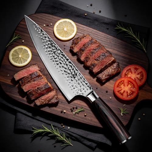 imarku 8 Inch Chef Knife, Hand-Hammered Japanese Kitchen Knife, High Carbon Steel Chef's Knife with Powder Steel Edge, Ultra Sharp Cooking Knife with Ergonomic Handle for Professional & Home Chefs - color: Silver