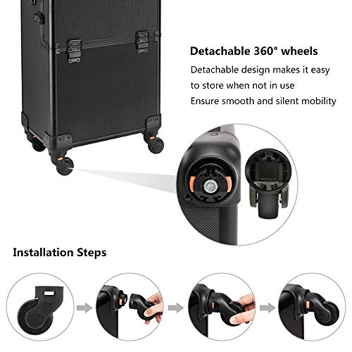 mefeir 2 in 1 Rolling Makeup Train Case Professional Cosmetic trolley on Wheels Aluminum Nail Cart Cosmetic Suitcase for professional makeup artist, Luggage Lockable w/4 Removable Wheels (Black) - color: 2IN1 Black