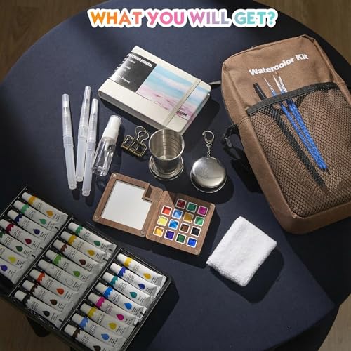 Mini Watercolor Paint Set, Premium Pocket Watercolor Travel Kit, With 24 Watercolor Paints, 15-Grid Black Walnut Palette, Crossbody Bag, Oil Painting Paper Sketchbook, Ideal for art lovers