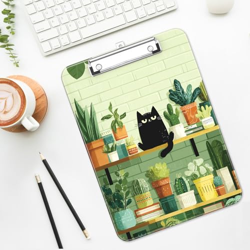 Plastic Cute Clipboard Low-Profile Metal Clip, A4 Letter Size 9 x 12.5 in, 8.5 x 11 Paper Clip Board for Teachers, Nurses, Classroom,Cafe Black Cat - color: Cafe Black Cat