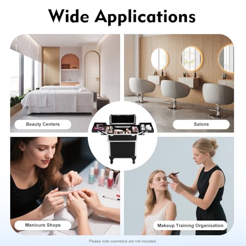 13.23lbs Lockable Makeup Train Case,Rolling Hairdressing Trolley,Beauty Salon Cosmetic Luggage with Universal Wheels for Hair Stylist,Make-up Artists (Black 7) - color: Black 7