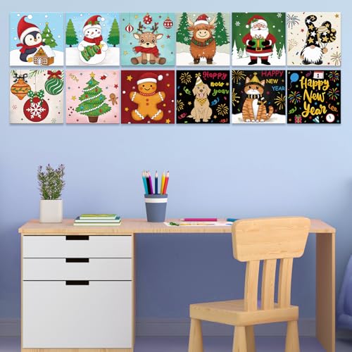 Anseal 12 Packs Pre Drawn Canvas to Paint, 4" X 4" Merry Christmas Happy New Year Pre-Printed Canvas Paint Party, Stretched Outline Painting Boards for Beginners, Party Favor - style: Christmas