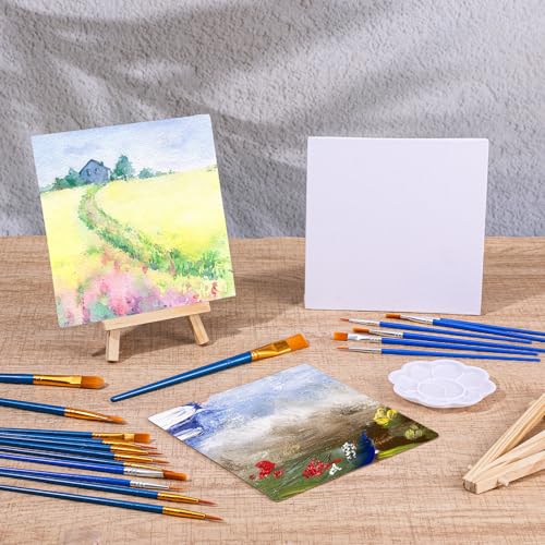 20 Pack 5.9In Canvas Boards for Drawing, Mini Painting Canvas with Easel Set, Painting Kits