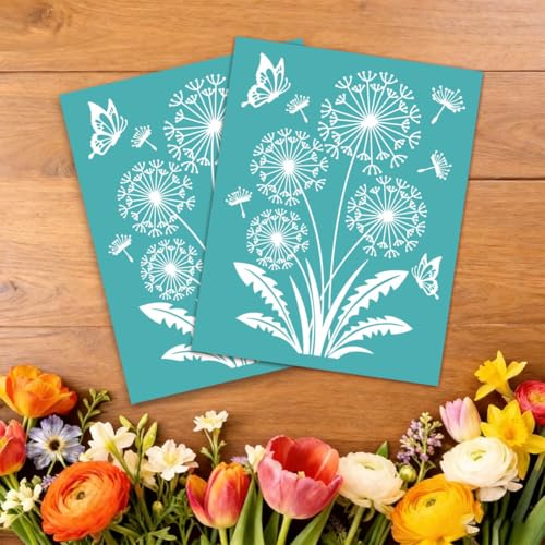 2 Sheets Dandelion Butterfly Silk Screen Stencil, Nature Floral Self-Adhesive Silk Screen Printing Stencils Reusable Mesh Stencil for Painting on Wall, Wood, T-Shirt, Home Craft Decor - style: Dandelion