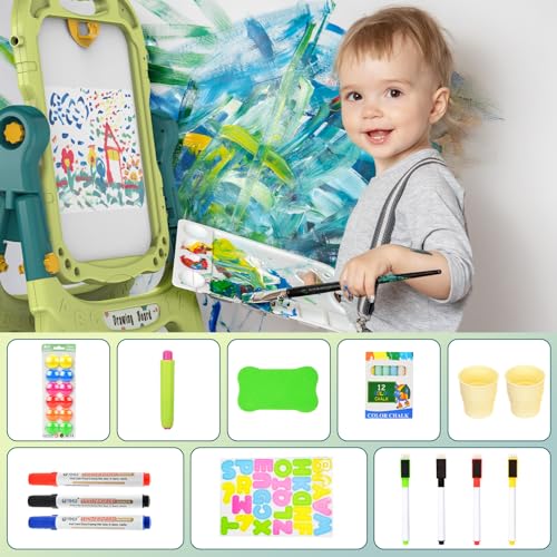 Kids Art Easel, Adjustable Drawing White Board & Chalk Board, Toddler Double Sided Easel with Painting Accessories, Birthday Gift for Girls Boy Age 3 4 5 (Green) - color: Green