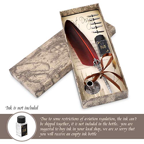 Quill Pen Antique Calligraphy Handmade Writting Quill Pen Set for English Writing, Vintage Stationery Gift with 1 Empty Ink Bottle 5 Nibs 1 Nib Base for