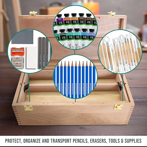 U.S. Art Supply Multi-Function Artist Supply Box with Locking Clasps & Removable Tray - Wooden Art Box for Artist Supplies, Brushes, Pencils, Erasers, Tool Storage Organizer Case