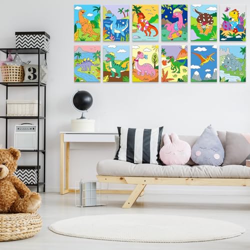 Anseal 12 Packs Animals Pre Drawn Canvas to Paint, 5" X 7" Dinasour Pre Printed Canvas, Pre Stretched Canvas Outline Painting Boards for Beginners, Party Favor - style: Dinasour