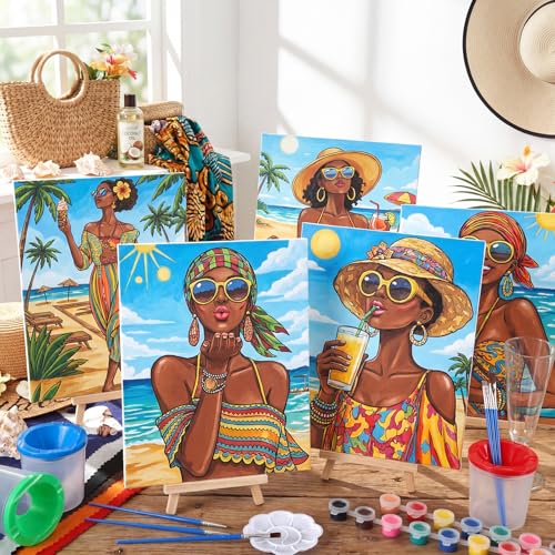 Sherr 285 Pcs 30 Sets Sip and Paint Kit for Adults, Pre Drawn Canvas Kit for Painting Acrylic Painting Favor Bulk for DIY Birthday Gifts Adult Date Night Party Suppliers(Summer Lady) - style: Summer Lady