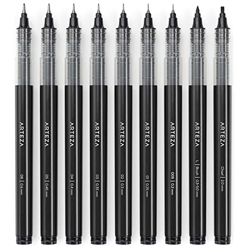 ARTEZA Micro-Line Ink Pens, Set of 9, Black Fineliners with Japanese Archival Ink, Art Supplies for Comic Artists and Illustrators - size: 1 Count (Pack of 9)