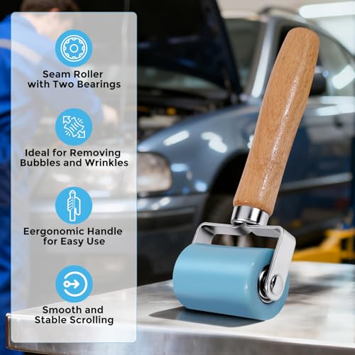 3rd-Gen Sound Deadening Roller, Professional Dual Bearing Hand PU Seam Roller Application Tool with Wood Handle for Car Audio Sound Deadener, Installation Mat, Wallpaper & Vinyl Wrap