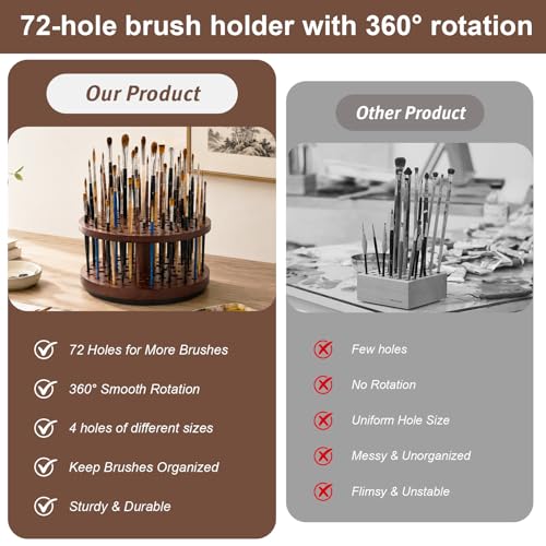 Solid Wood 360° Spinning Paint & Makeup Brush Organizer - color: brown(72 Holes)