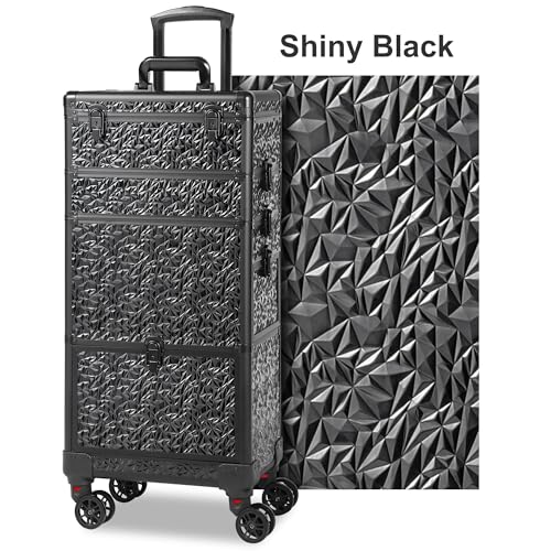 Rolling Makeup Case with Large Drawer, Makeup Train Case with Tray, Cosmetology Case on Wheels, Travel Makeup Case Organizers, Professional for Salon Barber, Nail, Tattoo, Black - color: Black, style: No Mirror