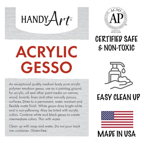 Handy Art Acrylic Gesso, Gallon, White, Primer for Canvas, Wood, & Artist Painting Surfaces, Enhances Acrylic Paint Adhesion, Low Viscosity, Thick Coverage, Certified Safe & AP Non-Toxic, Made in USA - color: White Gesso, size: 128 Fl Oz (Pack of 1)