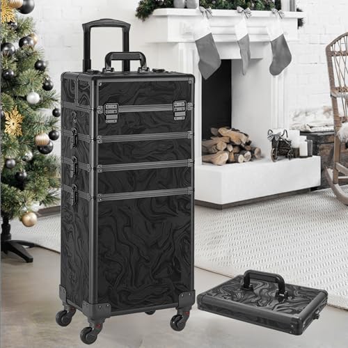Somduy Rolling Makeup Case, Makeup Train Case with Lid, 5 in 1 Cosmetology Case on Wheels, Christmas Gift, Large Makeup Organizers, Profesional Cosmetic Case for Salon Barber, Pattern Black - color: Pattern Black