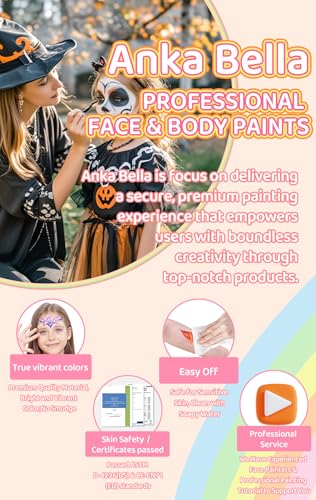 Anka Bella Professional Washable 24x10gm Face Paint for Kids & Adults,Water Based One Stroke Split Cake Face Painting Kit with Brushes,Non toxic ,Ideal for Easter/Parties/Halloween/Carnival - color: Multicolor