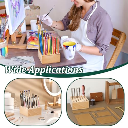 Beechwood Paint Brush Holder 42 Holes Paint Brush Storage Organizer Paintbrush Holder Organizer Wooden Block Pencil Holder for Makeup Brushes Pens and Art Tools