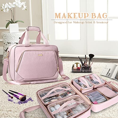 Professional Makeup Artist Travel Case with 4 Detachable Cosmetic Bags, Large Make up Organizer Bag with Makeup Kit Storage Section and Hair Tools Pocket, Pink (Empty Bag Only) - color: Pink