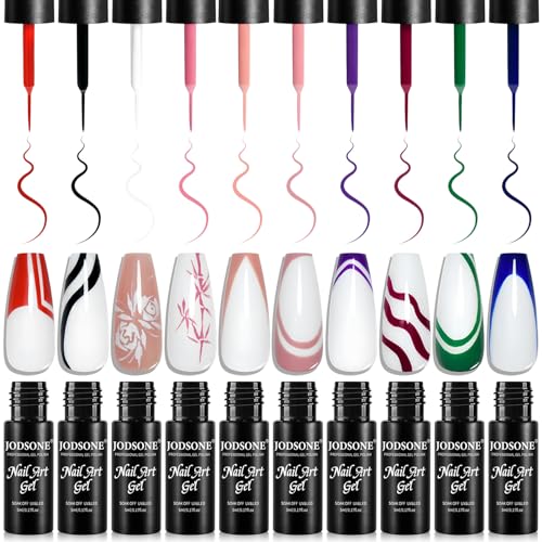 JODSONE Nail Art Gel Liner Set 10 Colors White Red Black White Gel Nail Polish Need U V Lamp Cured with Thin Brush,Gifts for Women - color: 10colors set-2