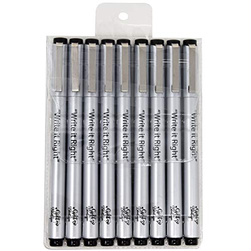 Gift Boutique Black Micro-Pen Fineliner Pigment Pens, Set of 9 Archival Ink Waterproof Brush & Calligraphy Tip Nibs For Art Technical Drawing Sketching Calligraphy Illustration Journaling Scrapbooking