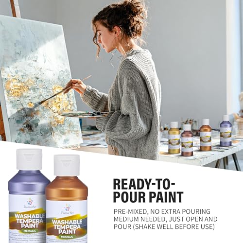 Metallic Washable Tempera Paint – 6 Shimmer Colors, 4 fl oz Bottles, Non-Toxic Kid-Safe School & Craft Paint, Easy Cleanup, Classroom Art Supplies, Made in USA - color: Metallic