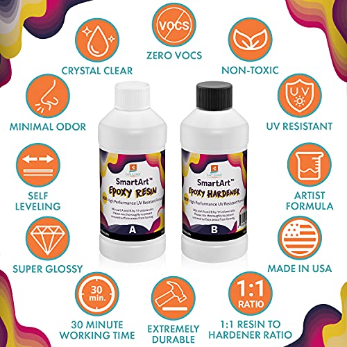 SmartArt Epoxy Resin 16 oz Kit | Easy to Use, Crystal Clear, Super Glossy, Durable, UV Resistant | for Arts & Crafts, Jewelry, Tabletops, Casting Molds, DIY - (8 oz + 8 oz)