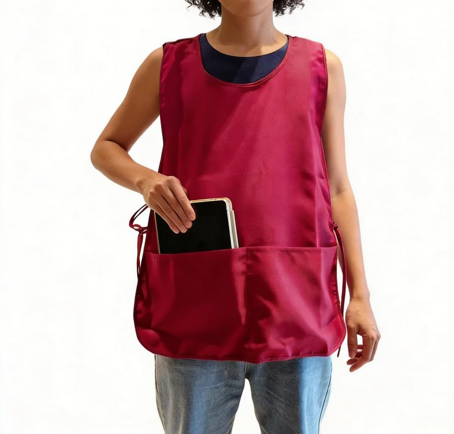 Large Smock Cobbler Apron for Men & Women, Adjustable Side Ties & 2 Pockets - color: Red